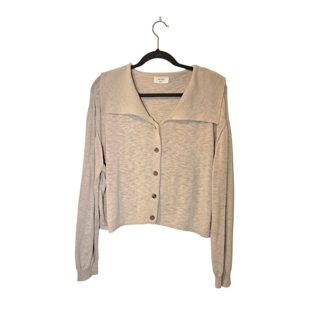 On You Womens Button Up Sweater Size Small Tan Sailor Collar Preppy Lagenlook